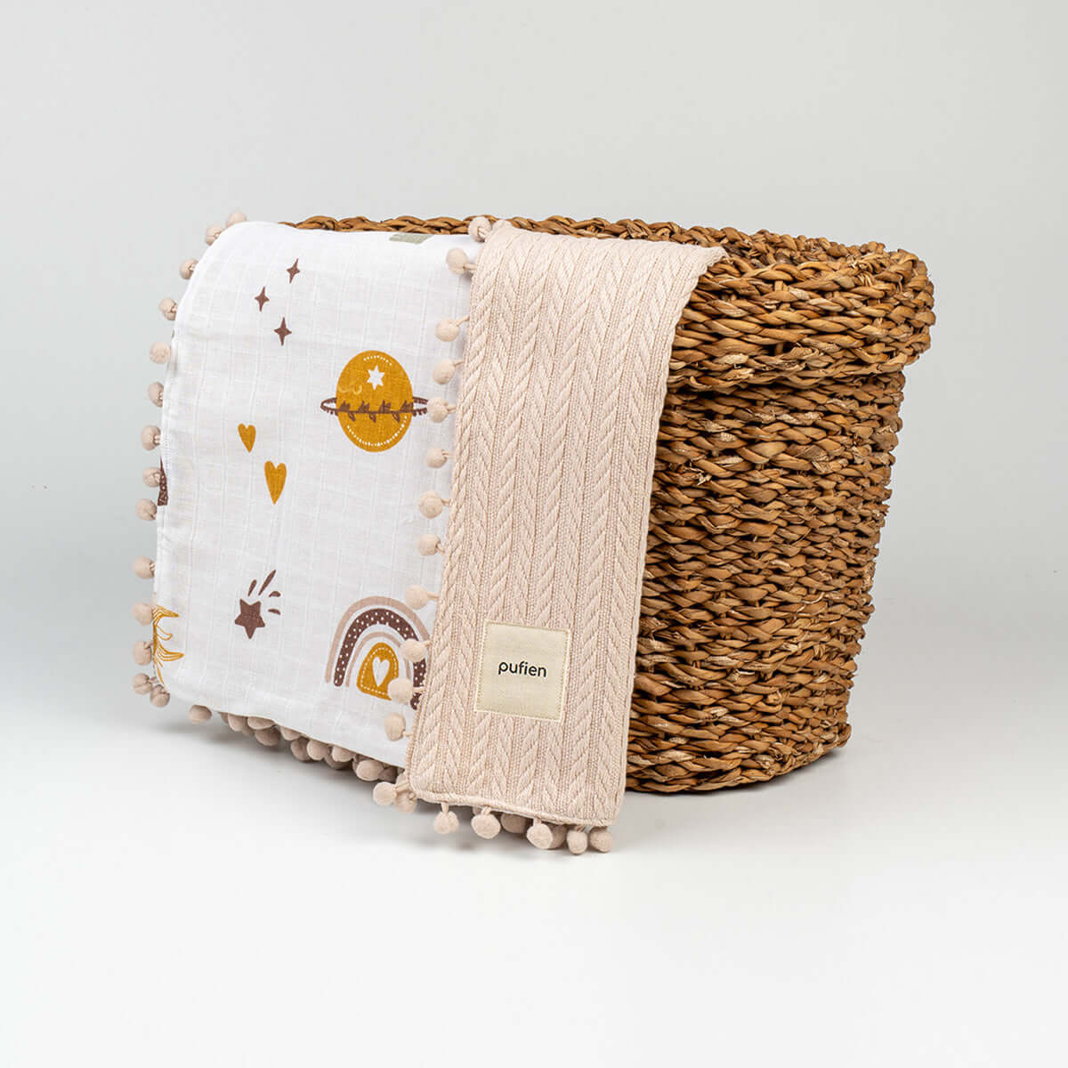 90 x 90 Beige Letter Patterned Knitted Baby Blanket Throw with Pom-Poms