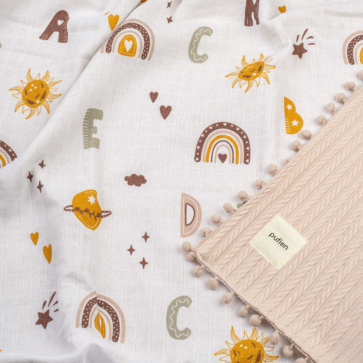 90 x 90 Beige Letter Patterned Knitted Baby Blanket Throw with Pom-Poms