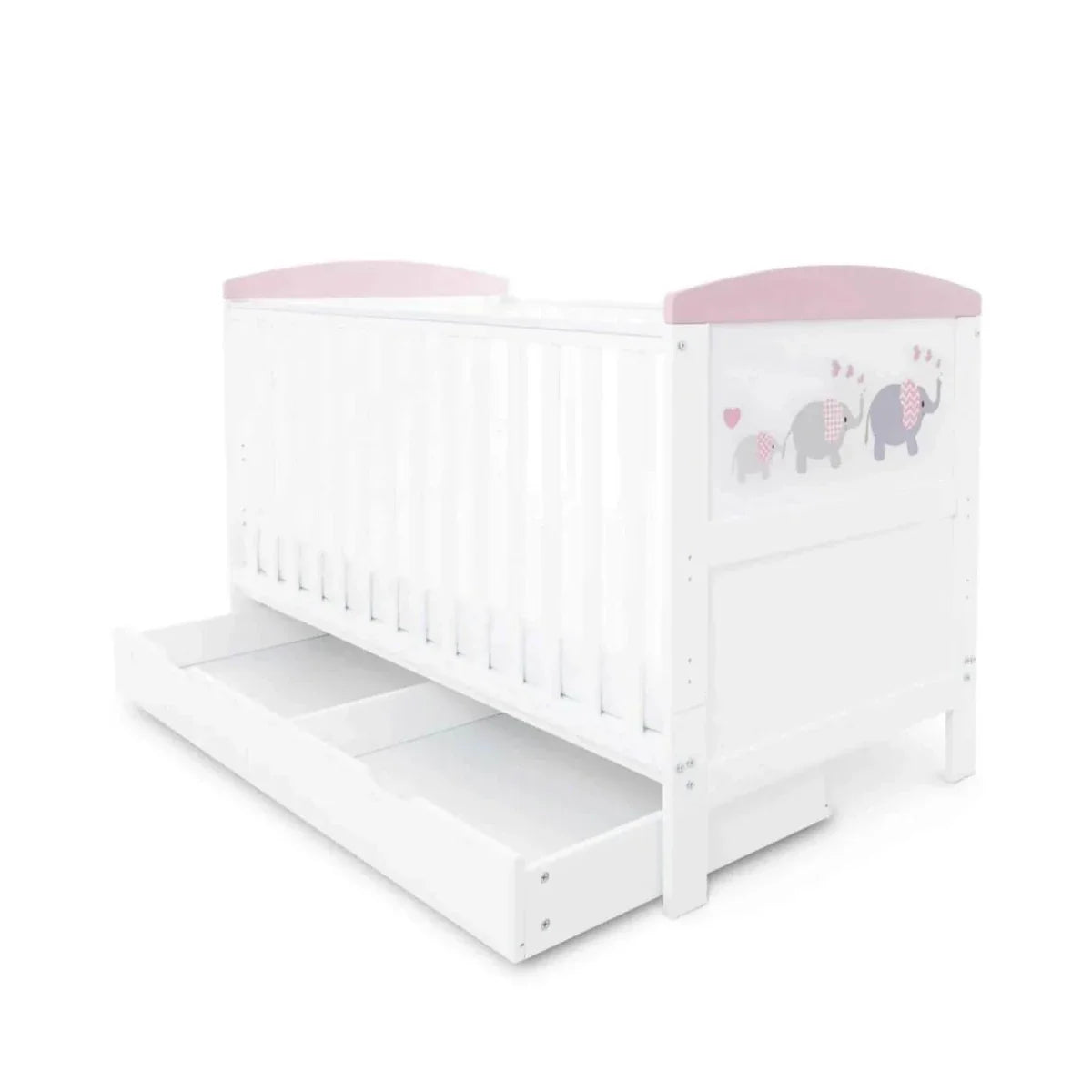 Ickle Bubba Coleby Style Cot Bed with Under Drawer Elephant Love Pink - Without Mattress