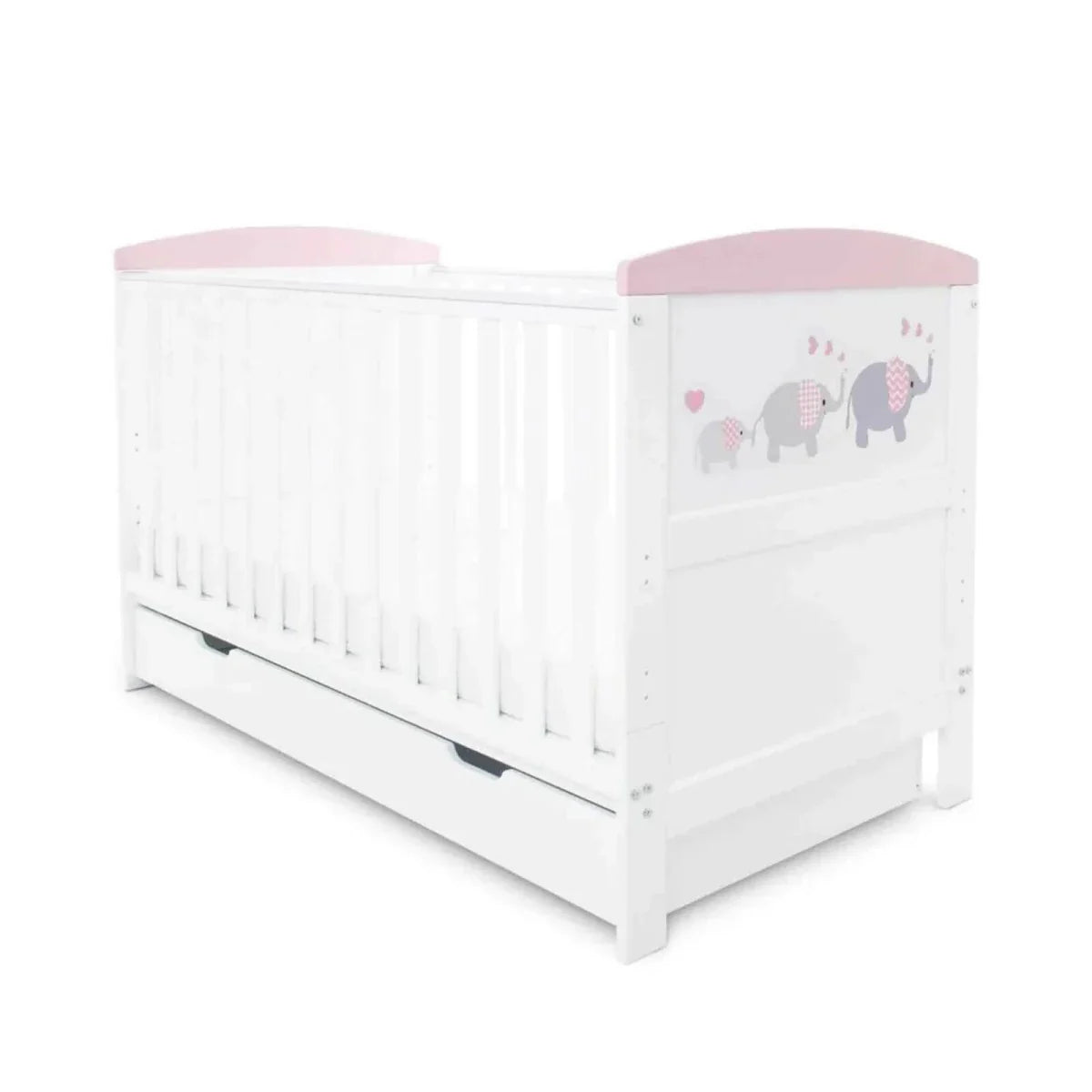 Ickle Bubba Coleby Style Cot Bed with Under Drawer Elephant Love Pink - Without Mattress