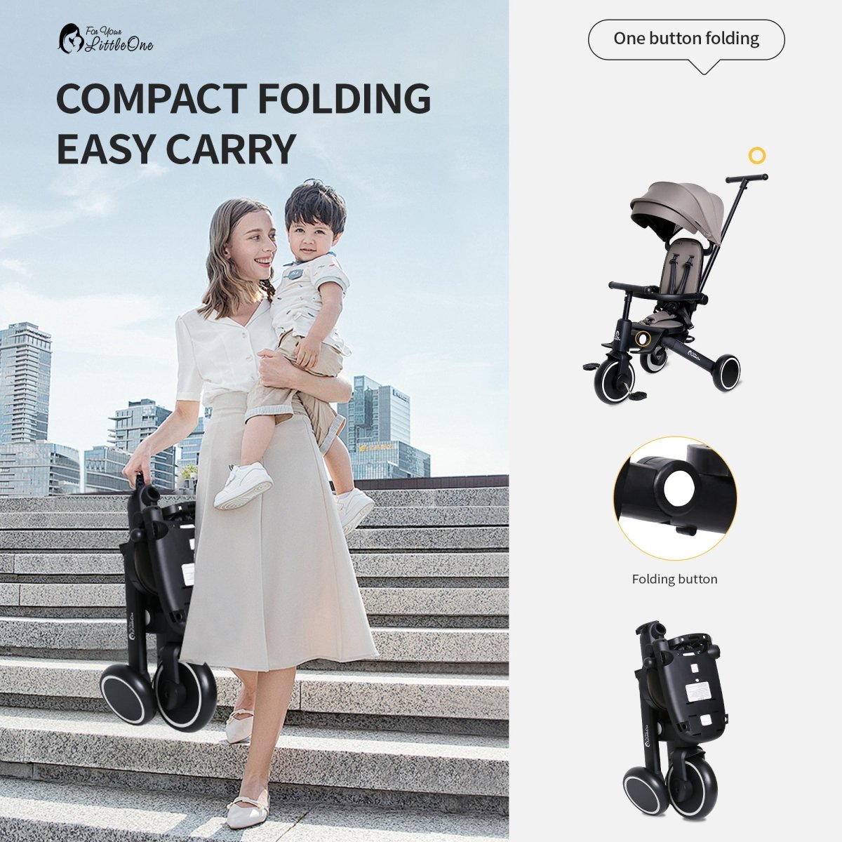 Foryourlittleone Xplor 6 in 1 Foldable Trike - Grey Olive (10m-4y)