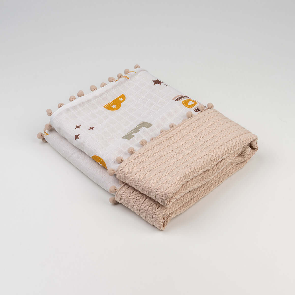 90 x 90 Beige Letter Patterned Knitted Baby Blanket Throw with Pom-Poms