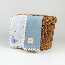 90 x 90 Blue Whale Patterned Knitted Baby Blanket Throw with Pom-Poms