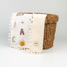 90 x 90 Ecru Letter Patterned Knitted Baby Blanket Throw with Pom-Poms