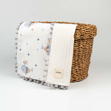 90 x 90 White Whale Patterned Knitted Baby Blanket Throw with Pom-Poms
